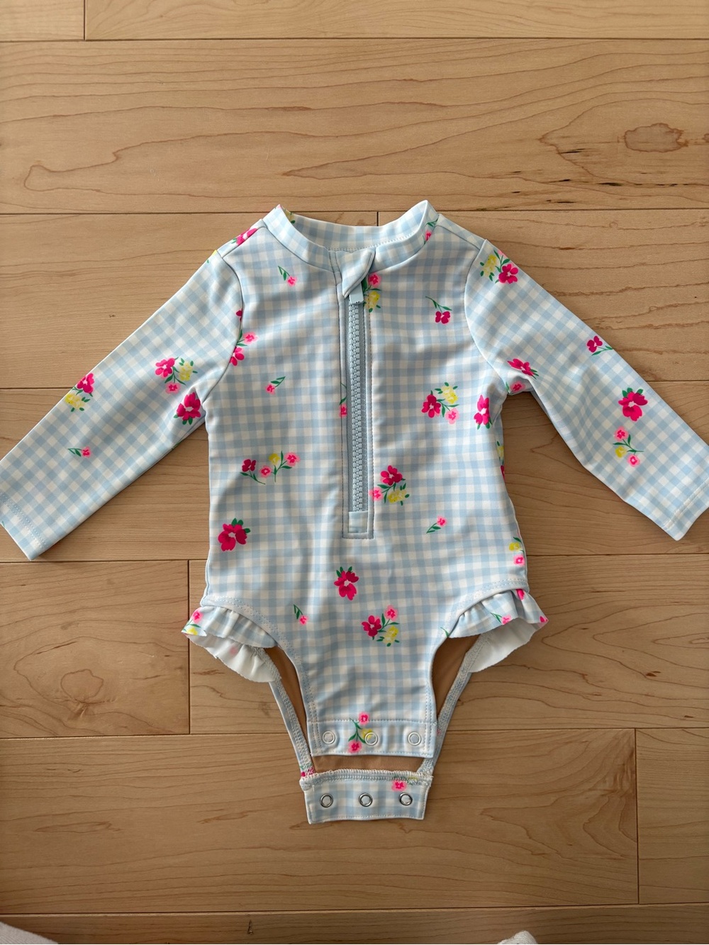 Old Navy Light Blue Gingham Floral Long-Sleeve One-Piece Swimsuit